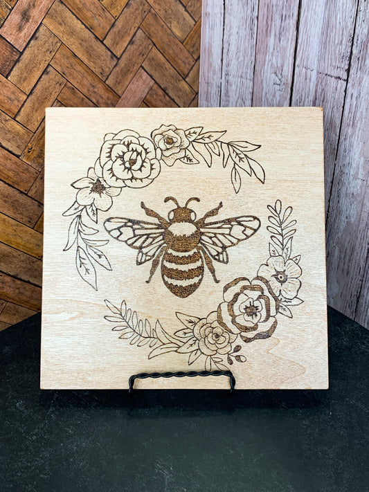 Square Bee Wood Burned Plaque