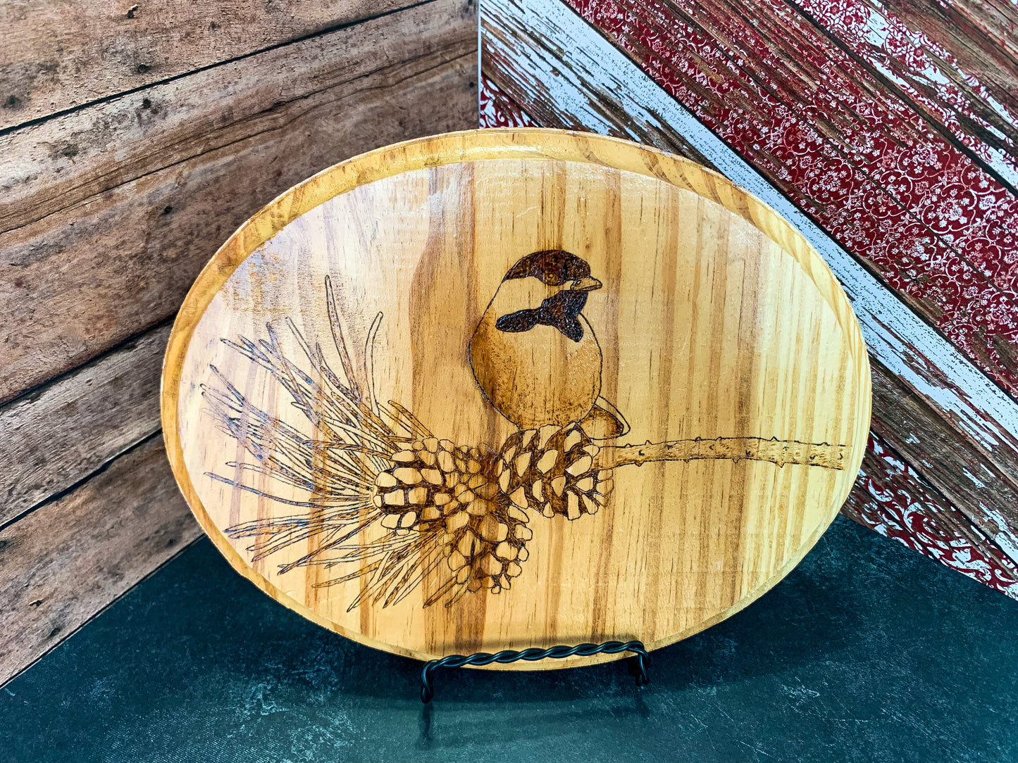 Oval Chickadee Wood Burned Plaque