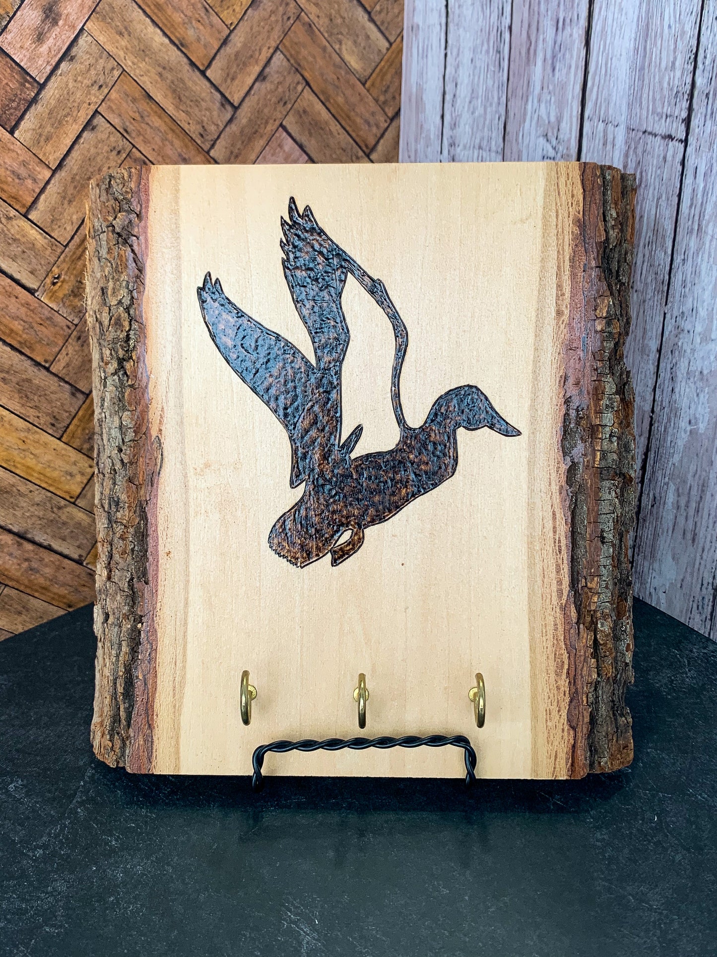 Flying Duck Wood Burned Key Hook Plaque